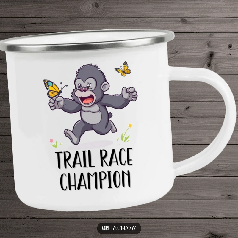 Funny camping mug showing an excited gorilla with flailing arms racing a playful butterfly outdoors.