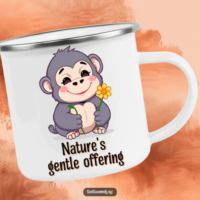 Funny enamel camping mug with a shy gorilla character offering a flower, smiling contentedly, perfect for outdoor settings.