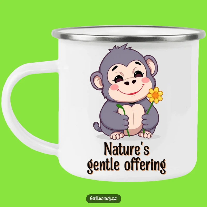 Funny Gorilla Camping Mug: Adorable Shy Gorilla with Flower, Outdoor Gift