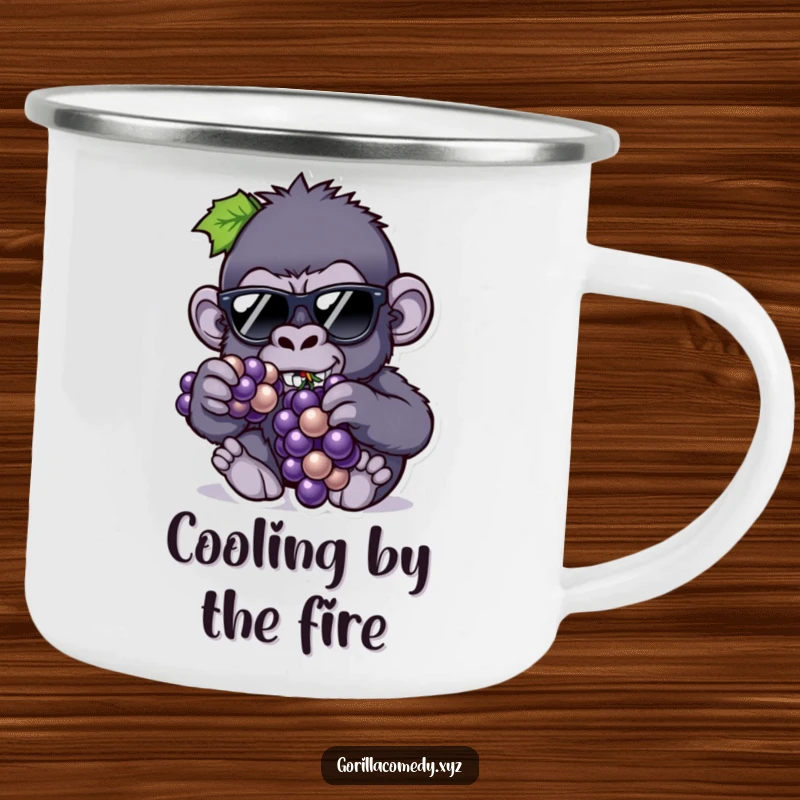 Funny camping mug with a cool gorilla in tiny sunglasses eating grapes, designed for laid-back humor on outdoor trips.