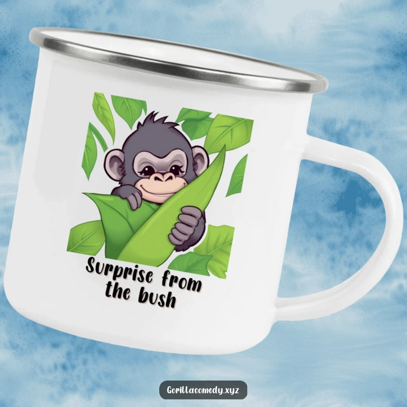 Funny camping mug with a mischievous gorilla winking from behind a leaf, designed for jungle humor on outdoor trips.