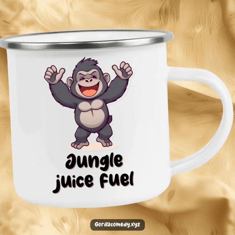 Funny Gorilla Camping Mug: An enamel cup showcasing a primate doing an ecstatic dance, ready for campfire stories.