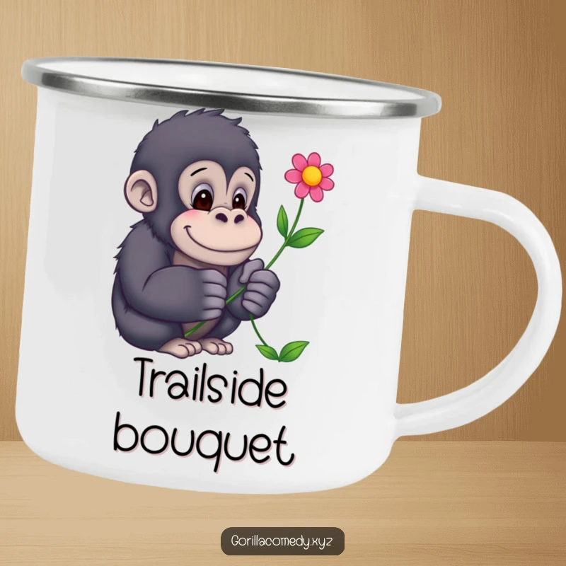 Funny Gorilla Camping Mug: A durable mug featuring a gentle gorilla offering a flower, ideal for all your outdoor adventures.