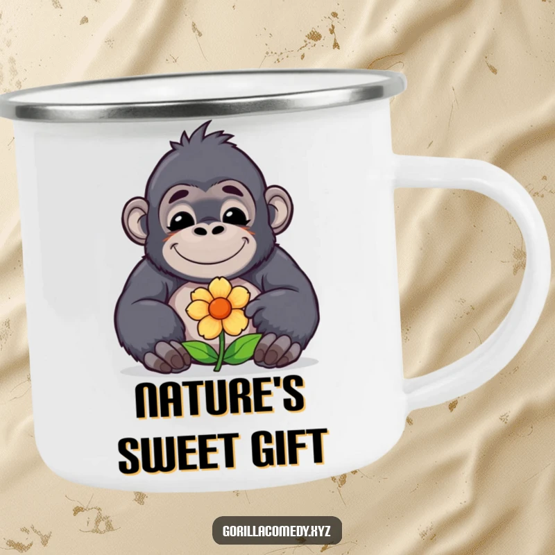 Cute funny kawaii gorilla with a contented smile offers a flower on a camping mug, bringing a touch of gentle kindness to outdoor sips.