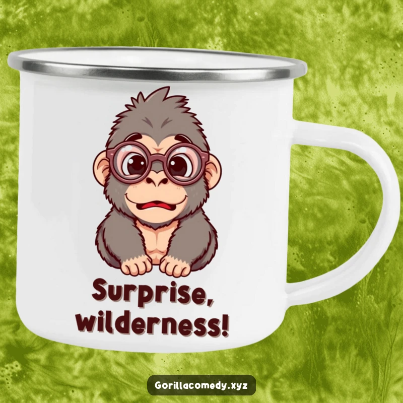 Funny camping mug with a gorilla character wearing oversized glasses, looking surprised, perfect for humorous outdoor adventures.
