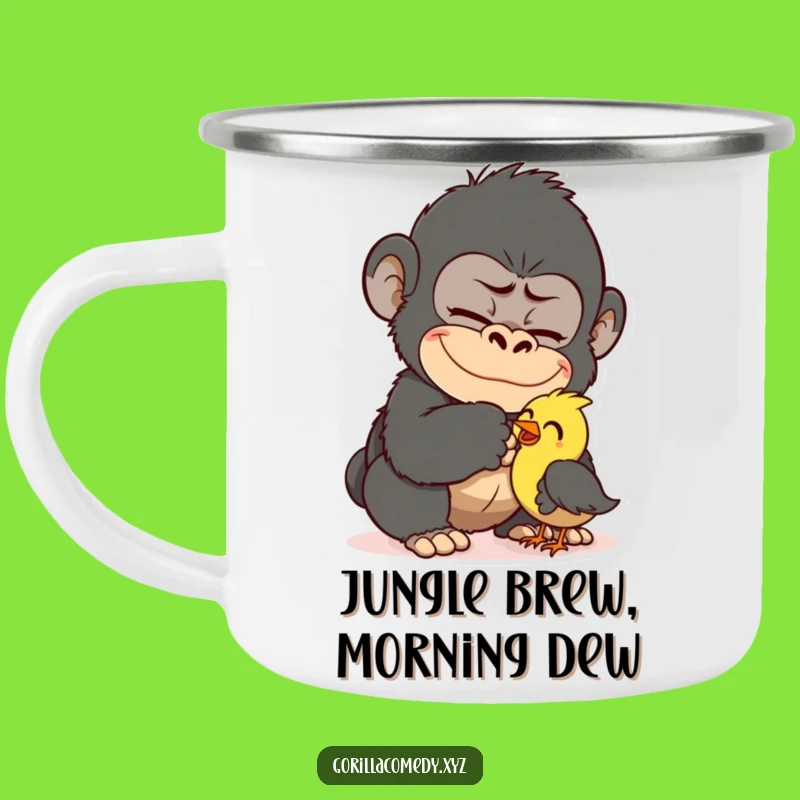 Funny Gorilla Tickling Bird Camping Mug - Outdoor Cartoon Primate Sip Gift