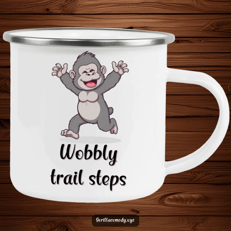 Funny camping mug with a gorilla character doing a wobbly walk with arms outstretched, perfect for humorous outdoor adventures.