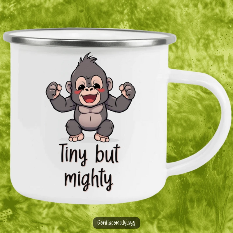 Funny camping mug showing a cute Kawaii gorilla flexing tiny biceps, perfect for adventurers who love whimsical strength.