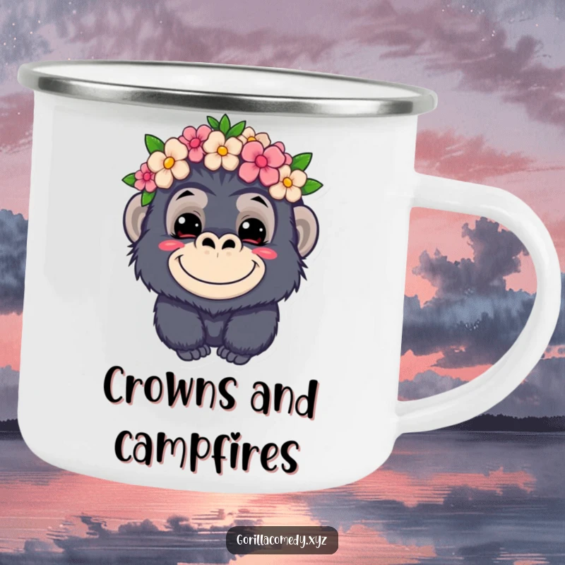 Funny kawaii gorilla camping mug, mischievous grin, wearing a flower crown, durable outdoor cup, cute animal design.