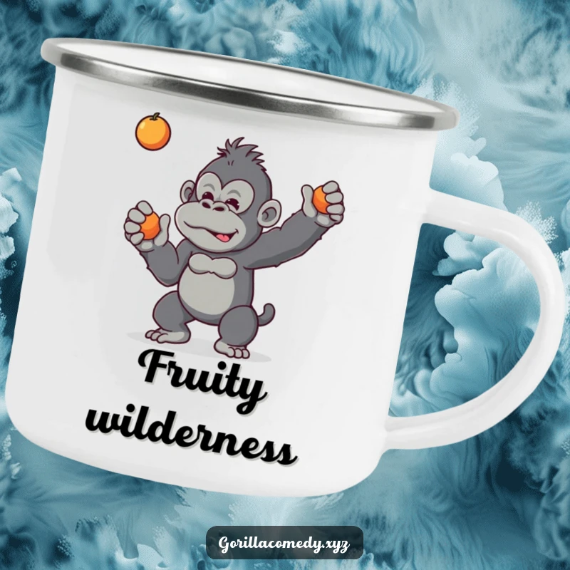 Funny camping mug with a mischievous gorilla tossing a piece of fruit, ideal for outdoor fun and primate-themed enjoyment.