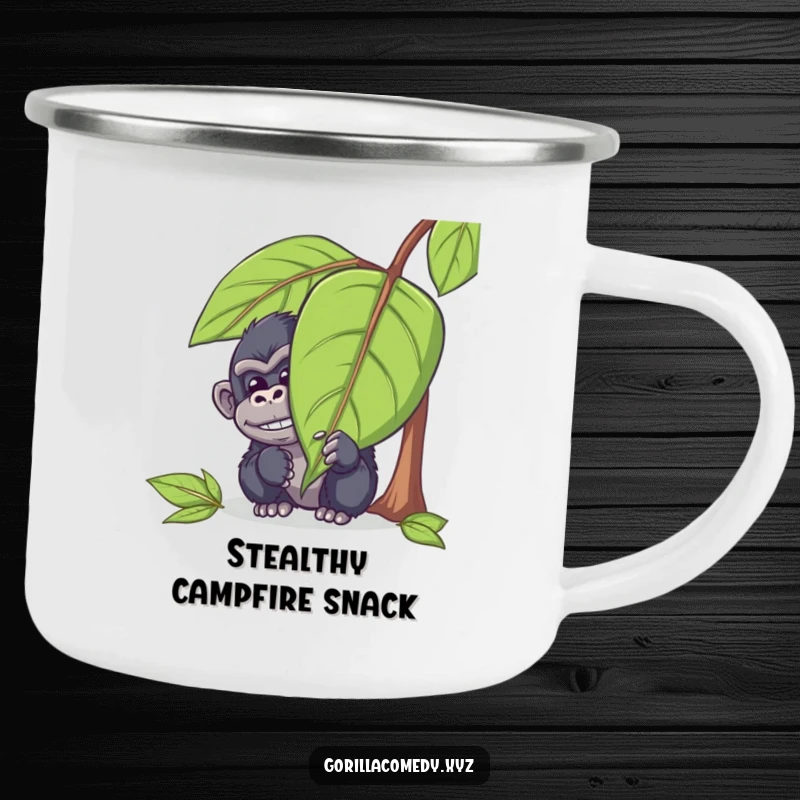 Funny gorilla camping mug featuring a mischievous ape character hiding behind a leaf, peeking out with a chuckle, perfect for outdoor enjoyment and humor.