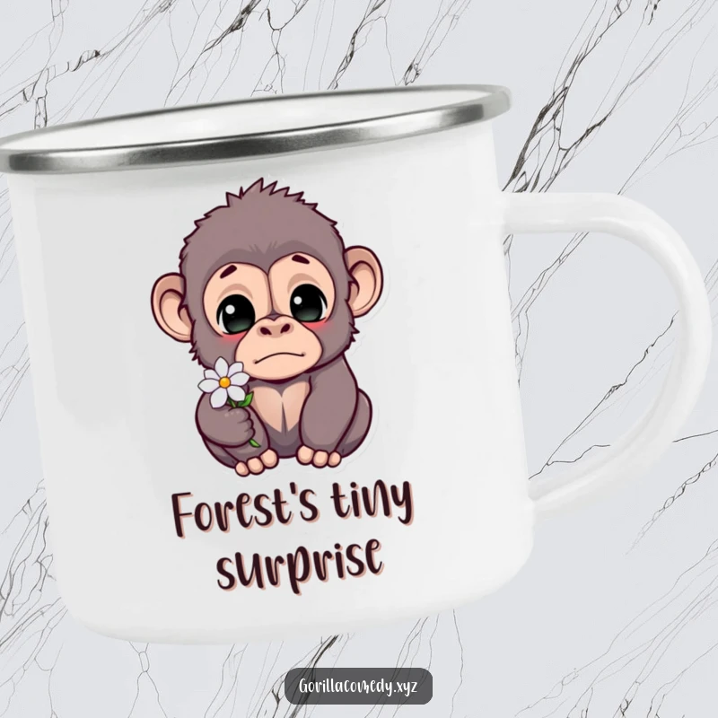 Funny gorilla camping mug with a startled expression and wide eyes, holding a tiny flower, ready for outdoor adventures.