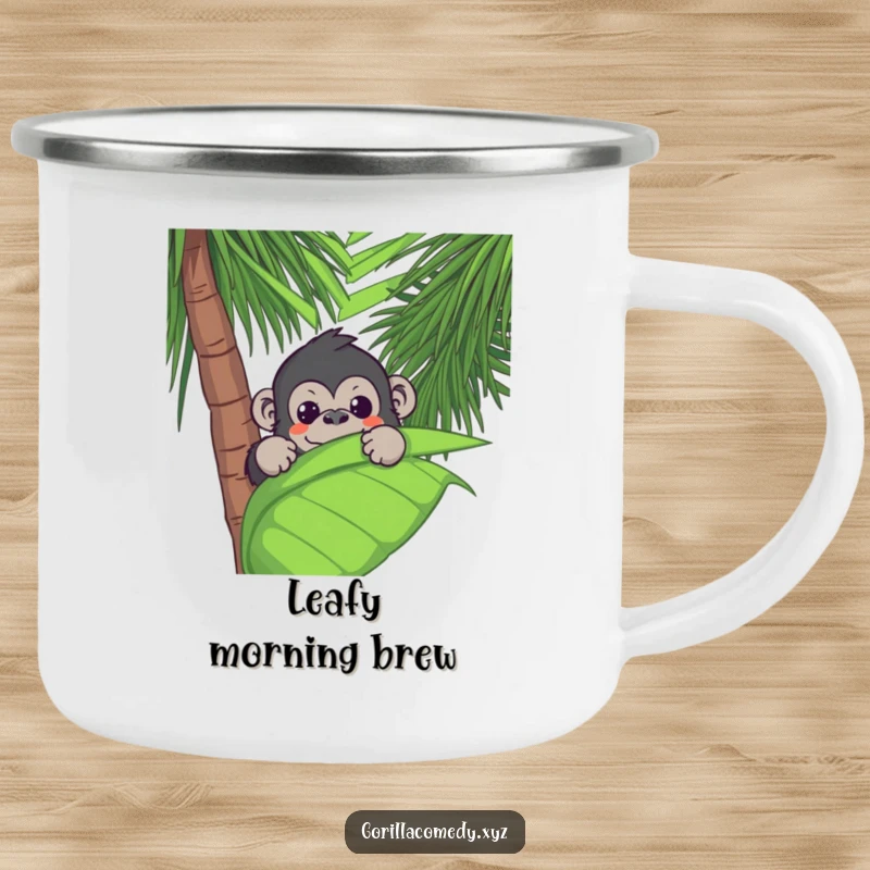 Funny Kawaii gorilla peeking from a palm leaf on a durable camping mug, ideal for outdoor humor.