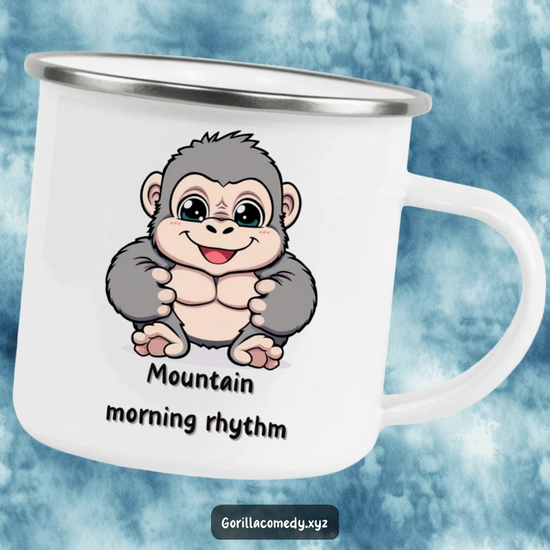 Funny cheerful gorilla camping mug with big bright eyes playfully pounding its chest, perfect for outdoor adventures and adding cheer, a durable gift.