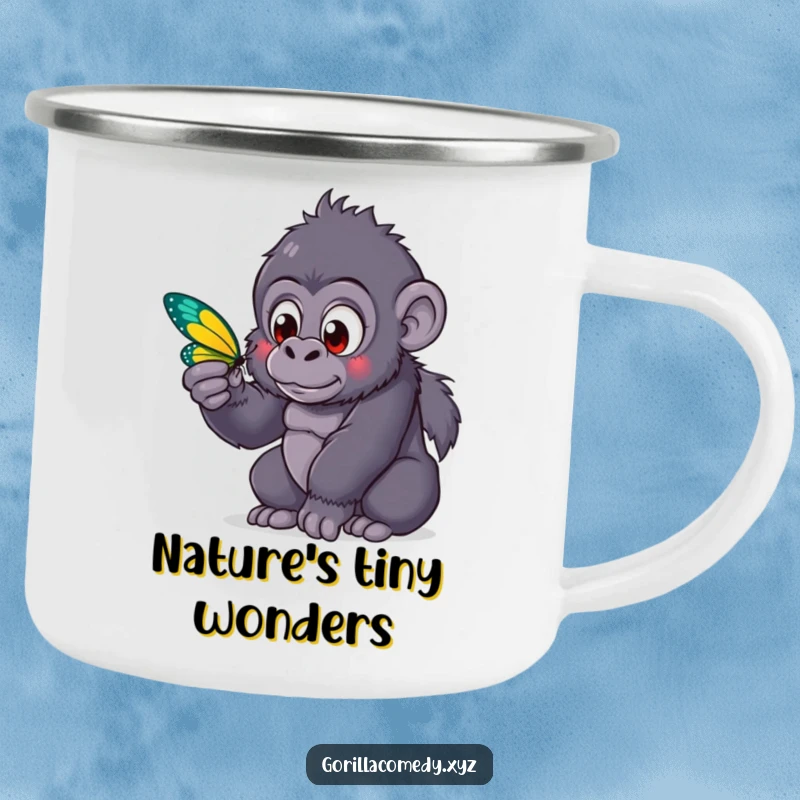 Funny kawaii gorilla with wide eyes observing a butterfly on a camping mug, bringing a sense of wonder to outdoor sips.