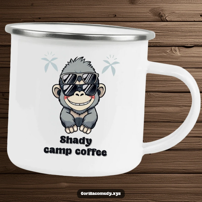 Funny Kawaii gorilla wearing sunglasses and a silly grin on a sturdy camping mug, offering cool humor outdoors.