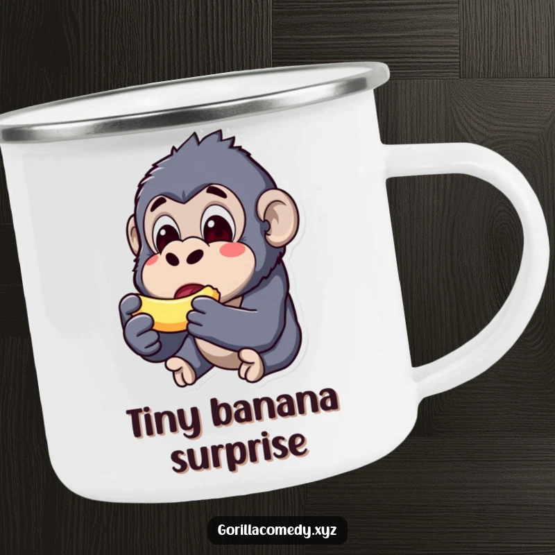 Funny kawaii gorilla camping mug, surprised expression, holding a tiny banana, durable outdoor cup, comical campfire accessory.