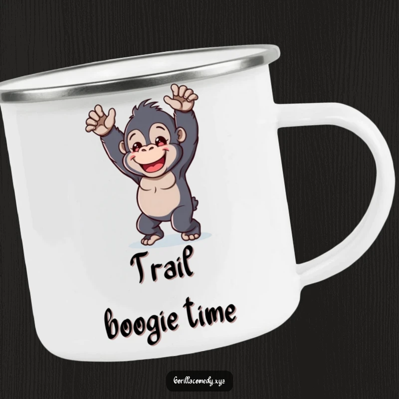 Funny kawaii gorilla camping mug, cheerful character, playful dance, durable outdoor cup, cute animal design.
