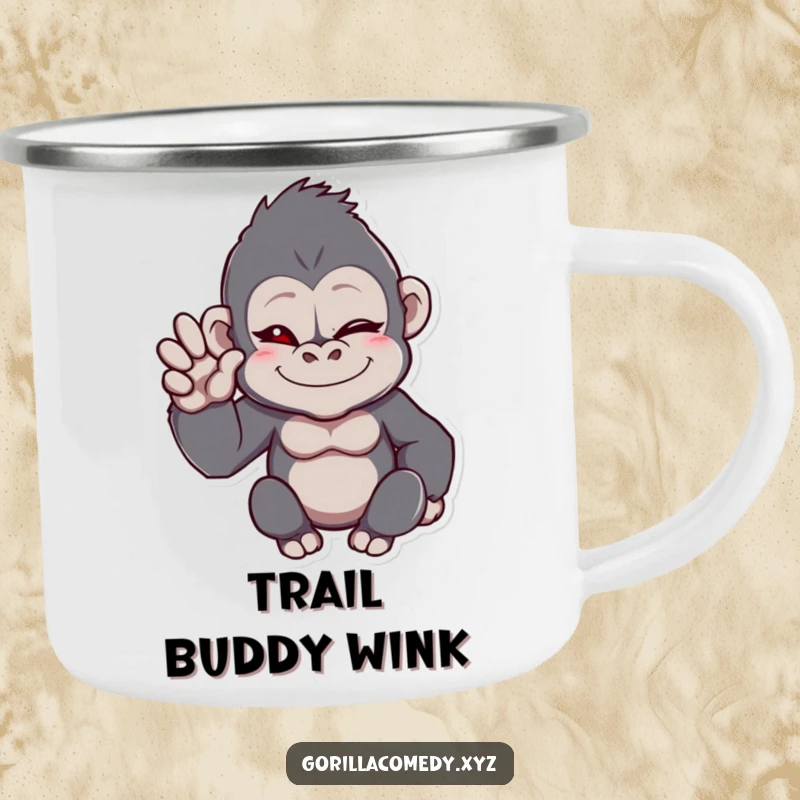 Funny gorilla camping mug with a winking face and a hand raised in a friendly wave, perfect for outdoor cheers.