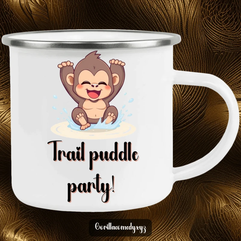 Funny kawaii gorilla gleefully splashing in a puddle on a camping mug, bringing a touch of playful joy to outdoor adventures.