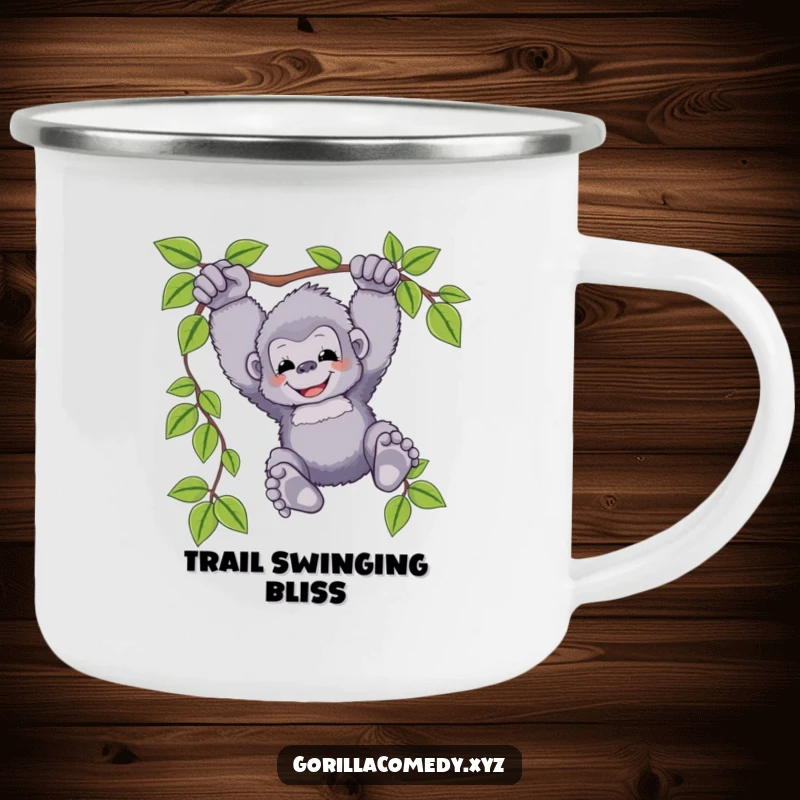 Funny gorilla camping mug with a fluffy ape character happily swinging from a vine, feet dangling, perfect for outdoor enjoyment and humor.