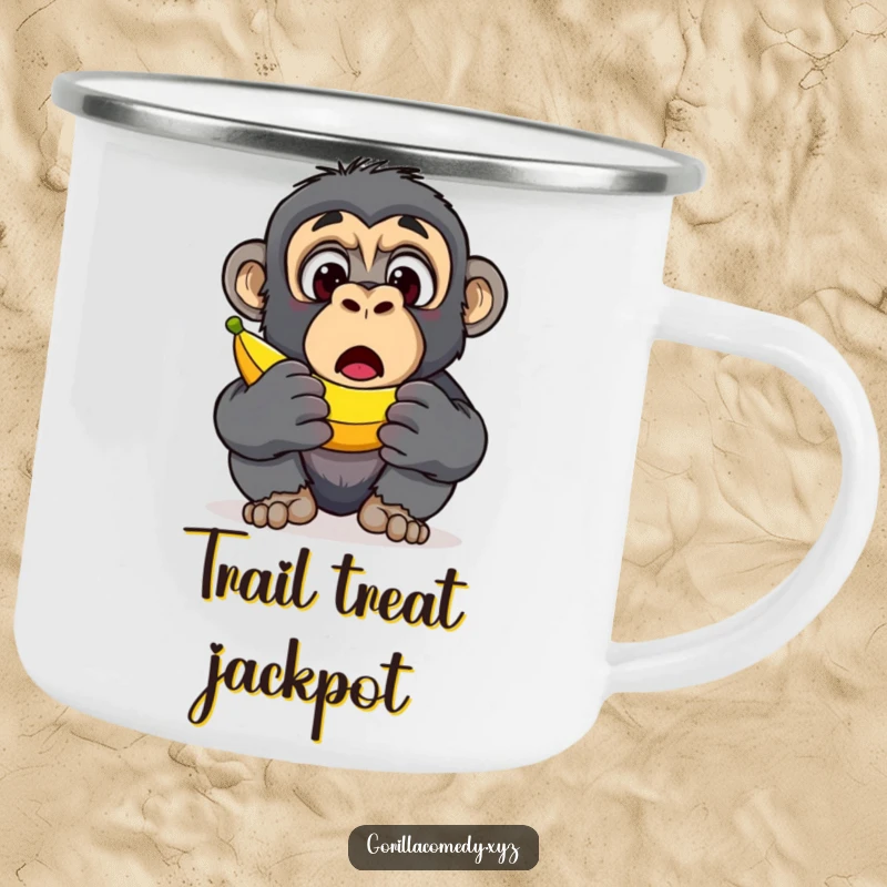 Funny Gorilla Banana Discovery Camping Mug: A durable mug with a surprised gorilla character’s wide eyes upon finding a banana, perfect outdoor fun, funny gift.
