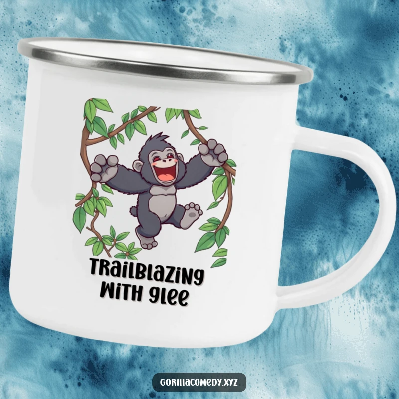 Funny Kawaii gorilla camping mug, featuring a joyful ape character leaping through jungle vines, built for outdoor adventures and laughs.