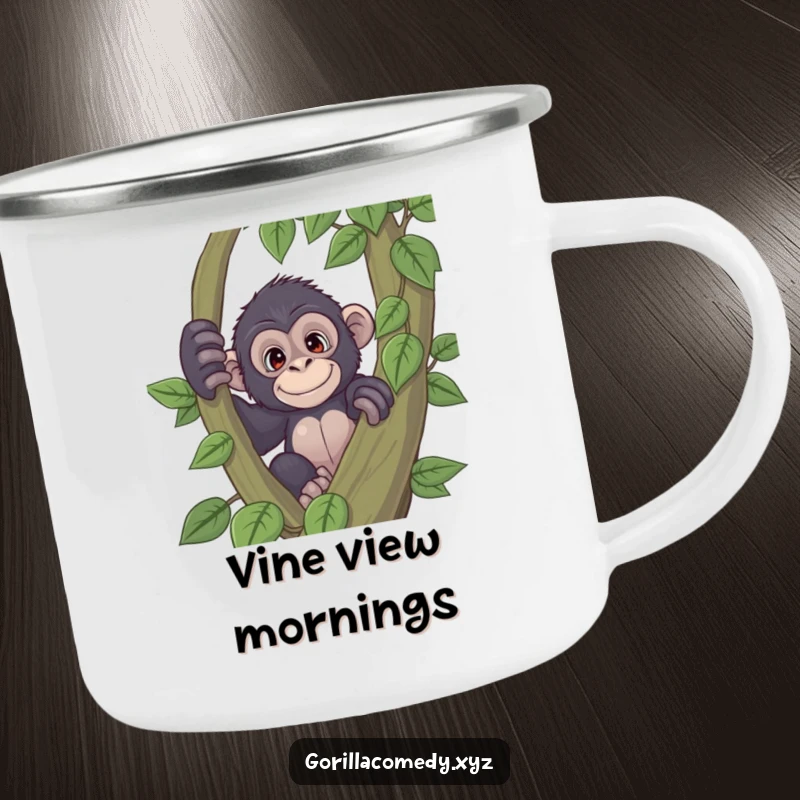Funny playful gorilla camping mug with a curious expression peeking from behind a large vine, perfect for outdoor fun and adding mystery, a durable gift.