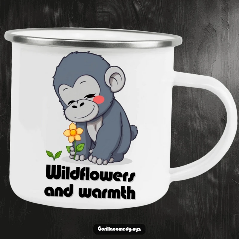 Funny curious gorilla camping mug featuring a character gently patting a flower, perfect for nature lovers, a peaceful funny gift.