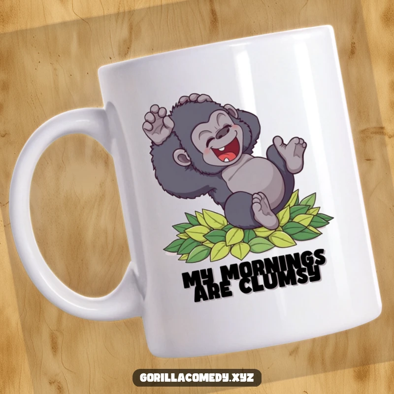 Funny clumsy gorilla mug tumbling with delight into a pile of soft leaves, embodying pure joy and lightheartedness, a perfect funny gift.