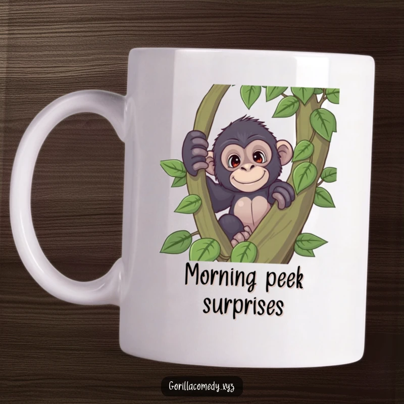 Funny playful gorilla mug with a curious expression peeking from behind a large vine, embodying mischievousness and intrigue, a delightful funny gift.