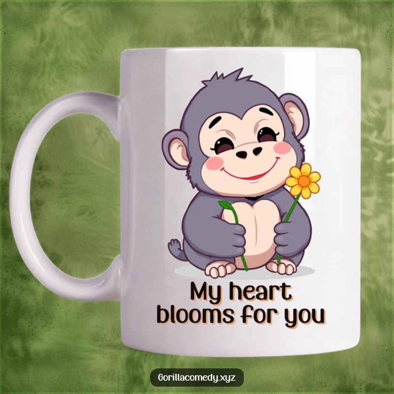 Funny ceramic mug with a shy, smiling gorilla character offering a delicate flower, radiating warmth and gentle humor.