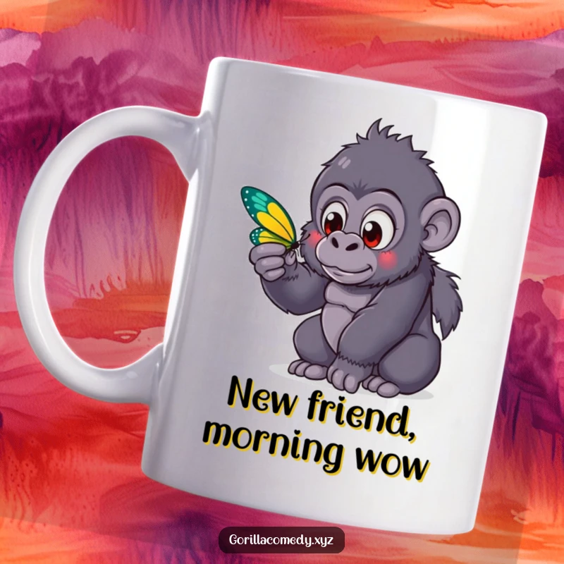 Funny kawaii gorilla with wide eyes looking in awe at a colorful butterfly, captured on a mug for a moment of gentle wonder.