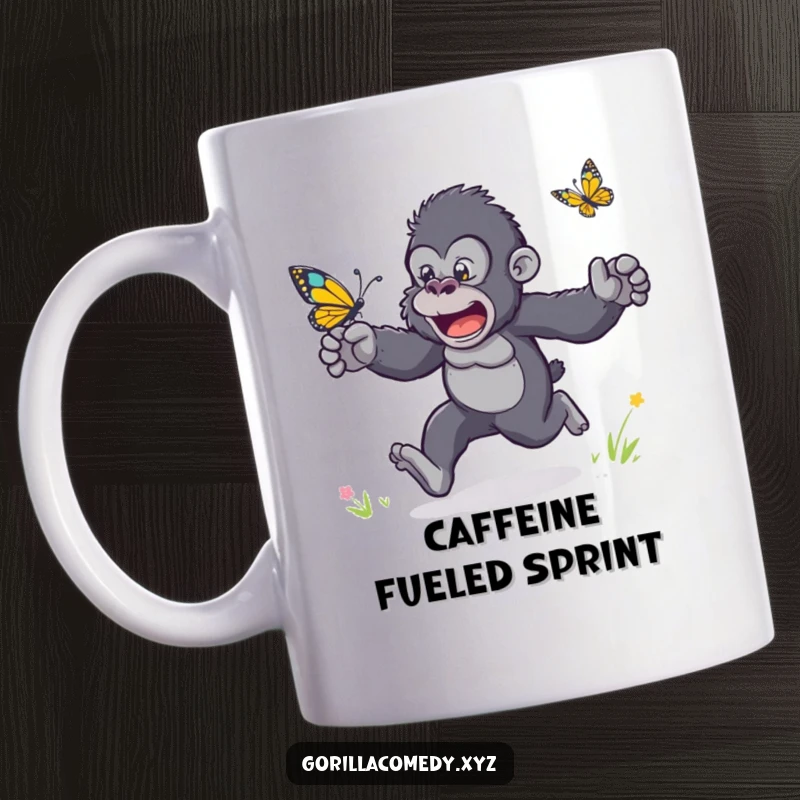 Funny mug featuring an excited gorilla with flailing arms racing a small, playful butterfly with gusto.