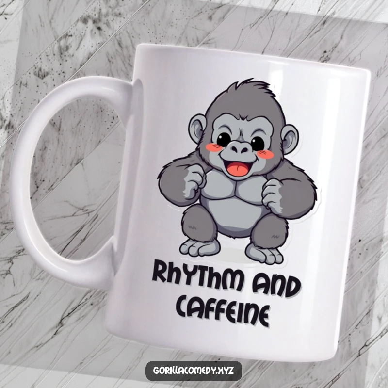 Funny Gorilla Chest Pound Mug: A playful gorilla character rhythmically pounds its chest with energy, a hilarious depiction for any funny gift.