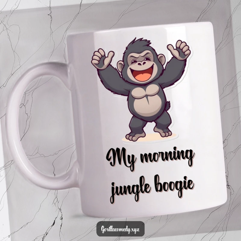 Funny Gorilla Mug: A joyous primate dancing wildly with arms out and a huge grin, spreading laughter and fun.