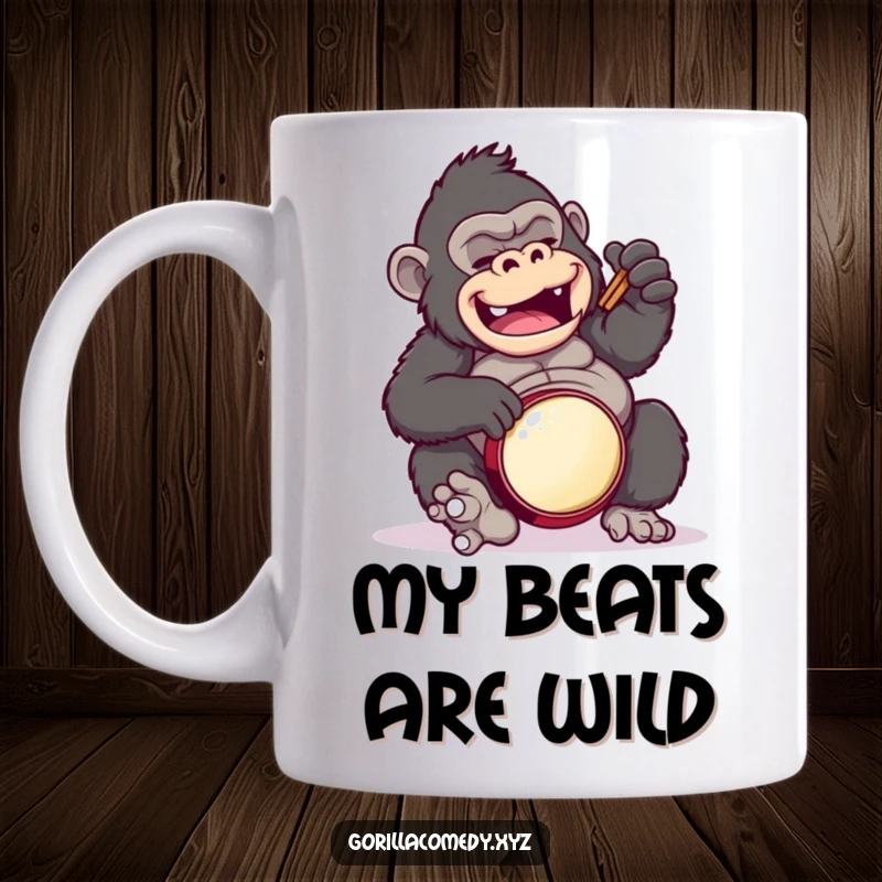 Funny gorilla character mug, comically attempting a clumsy drum solo on its own belly with surprising enthusiasm.