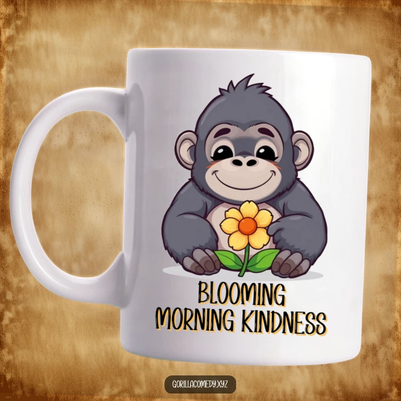 Cute funny kawaii gorilla with a serene, contented smile offering a delicate flower, captured on a mug for a moment of pure sweetness.