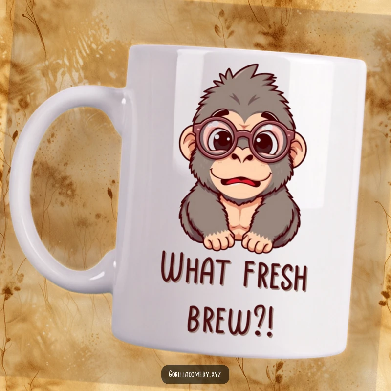 Funny mug with a silly gorilla character wearing oversized round glasses, looking comically surprised and bewildered.