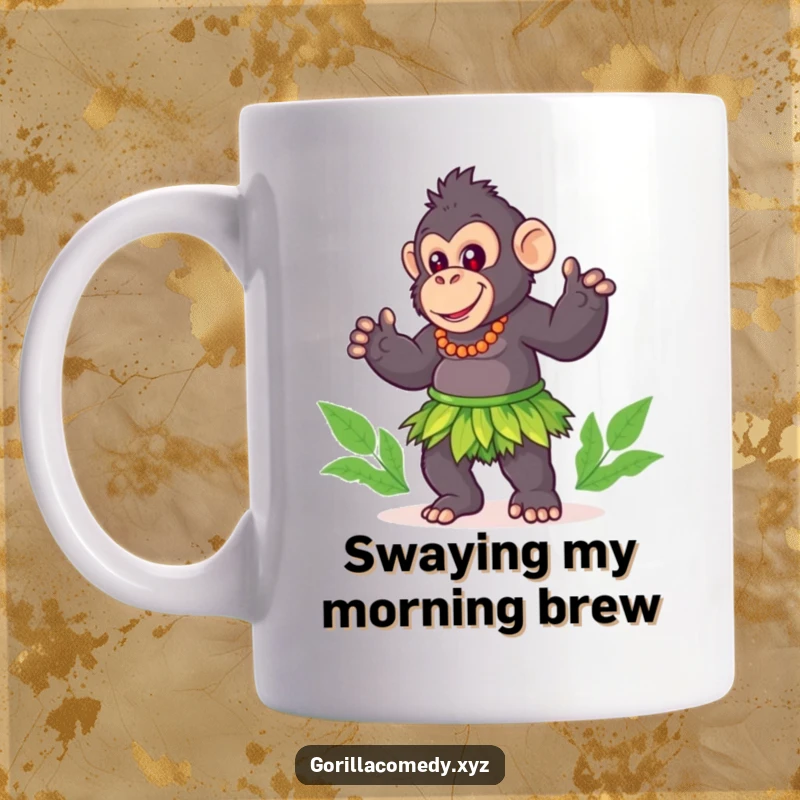 Funny gorilla mug, cute character wearing a tiny grass skirt, playfully doing a hula dance, bringing island vibes.