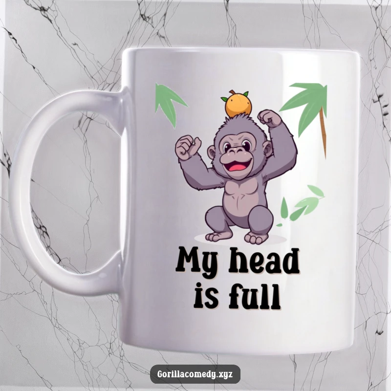 Funny gorilla mug featuring a silly ape balancing a tall stack of coconuts on its head, bringing tropical humor.