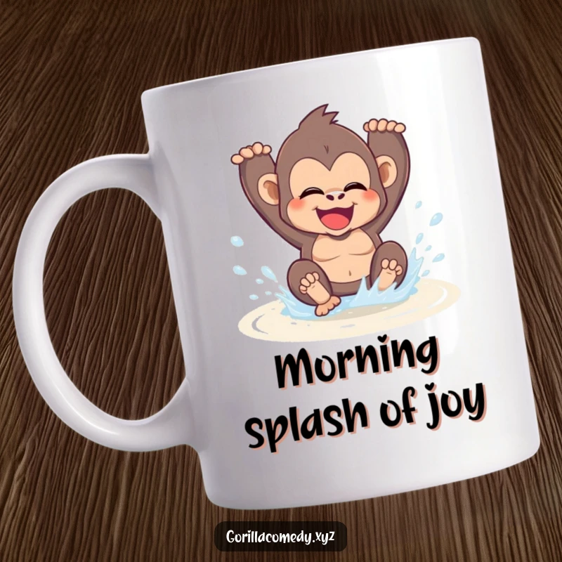 Funny kawaii gorilla character gleefully splashing with abandon in a small puddle, captured on a mug for pure, unadulterated fun.