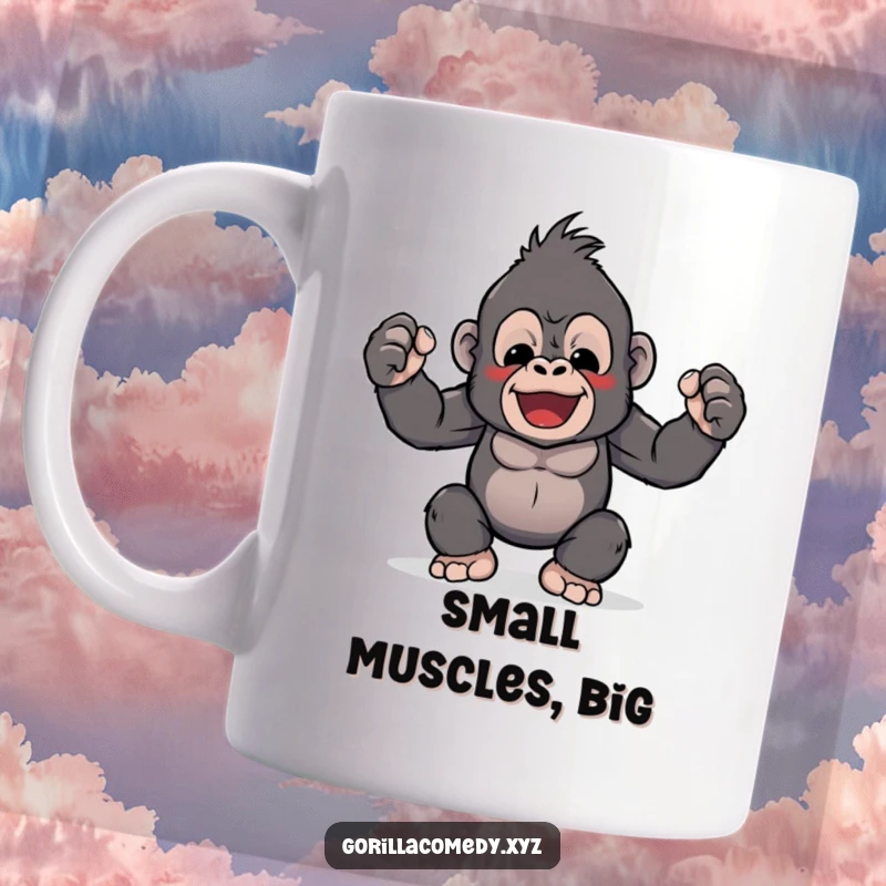 Funny Kawaii gorilla character with a cute grin playfully flexing its very small biceps. Ideal for fitness enthusiasts.