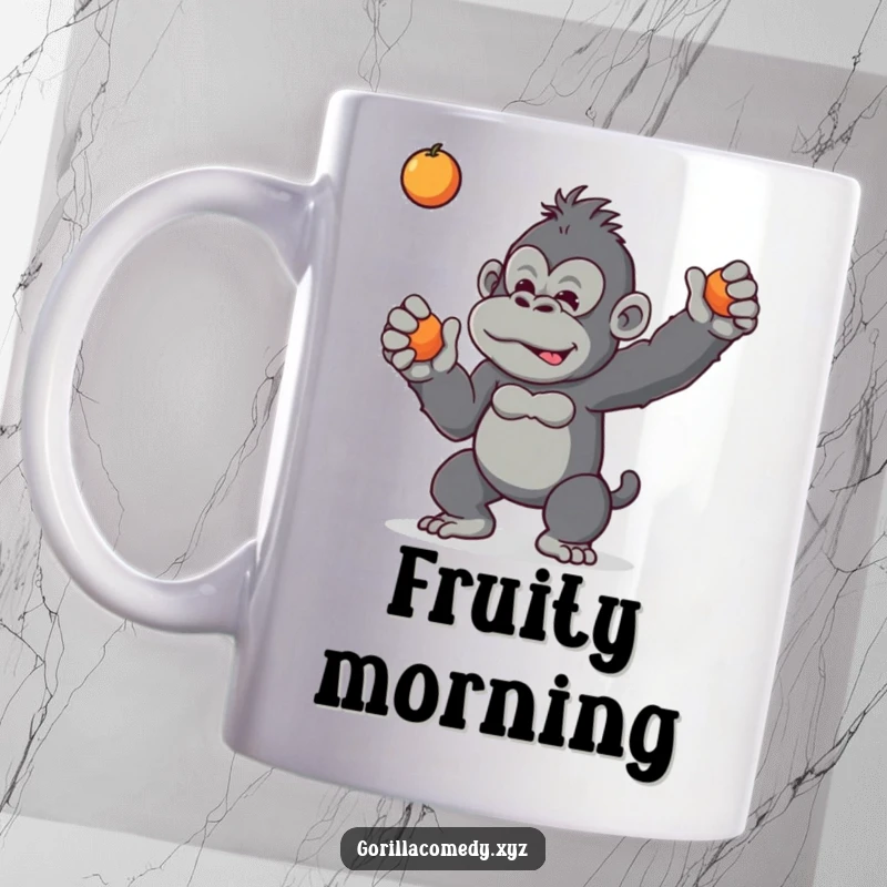 Funny mug with a mischievous gorilla playfully tossing a small fruit, embodying cheeky jungle antics and lighthearted fun.