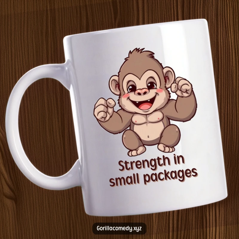 Funny gorilla mug featuring a cute ape character playfully flexing tiny muscles with a wide, happy grin, showcasing its adorable strength.