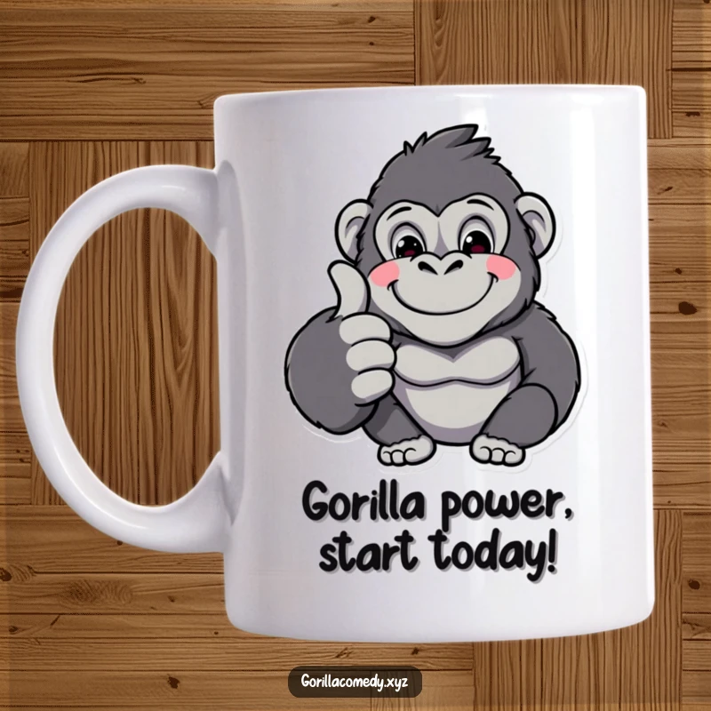 Funny kawaii gorilla character with a huge smile giving a massive thumbs up, radiating pure happiness and positivity on this mug.