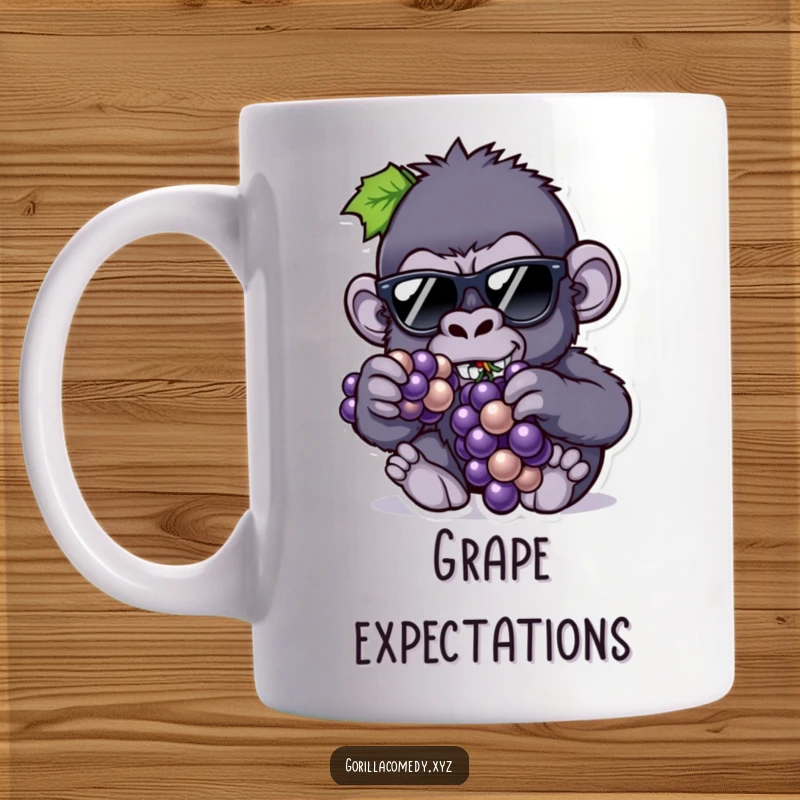 Funny mug featuring a cool gorilla in tiny sunglasses, casually eating grapes, embodying laid-back style and humorous delight.