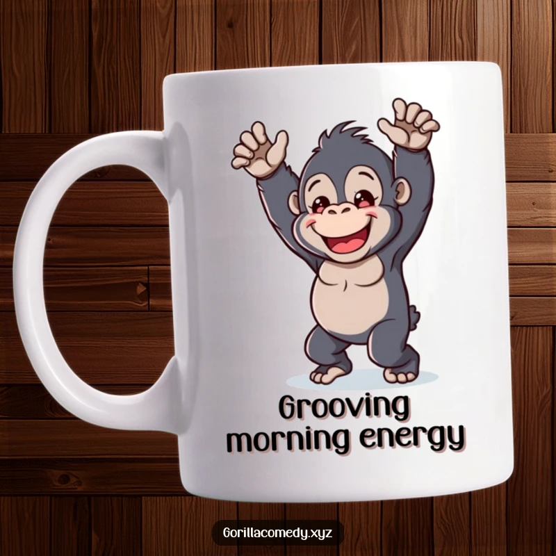 Funny kawaii gorilla mug, cheerful character, doing a playful dance, cute and energetic animal, perfect gift.