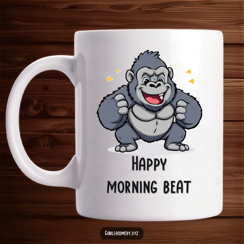 Funny mug depicting a cheerful gorilla energetically pounding its chest with a happy rhythm, full of life.