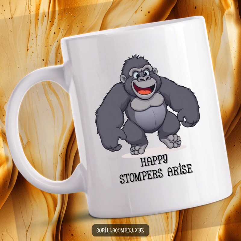 Funny mug featuring a playful gorilla with comically large, happy feet stomping around with pure delight.